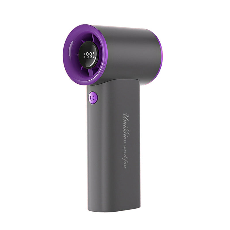 Rechargeable mini fan with LED battery display and USB charging in gray and purple portable design